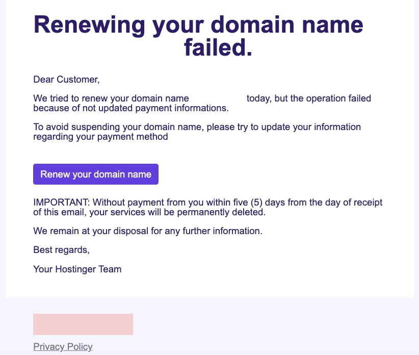 Phishing email warning about failed domain renewal with a “Renew your domain name” button