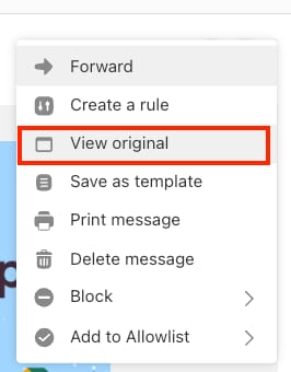 Email menu with View original option highlighted