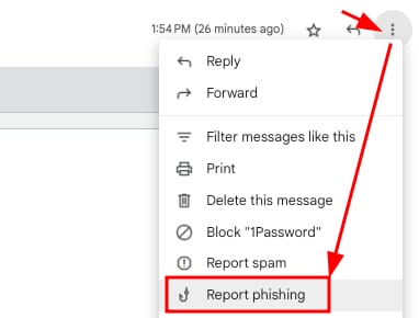 Gmail menu open with the Report phishing option highlighted