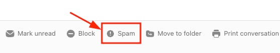 Spam option in the email toolbar is highlighted.