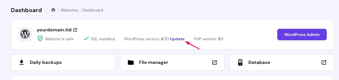 Hostinger dashboard with WordPress version 6.7.1 and the Update link highlighted