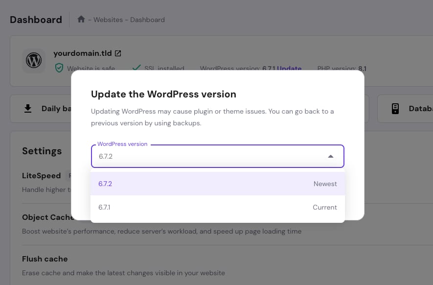 WordPress version dropdown showing 6.7.2 newest and 6.7.1 current