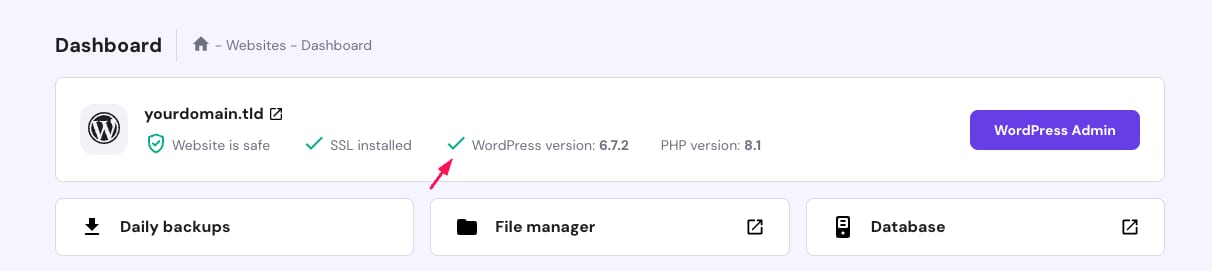 Hostinger dashboard showing WordPress version 6.7.2 on a website card