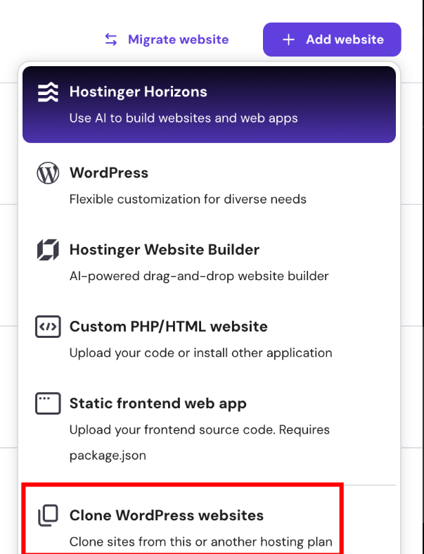 Hostinger plan menu with Clone WordPress websites option highlighted