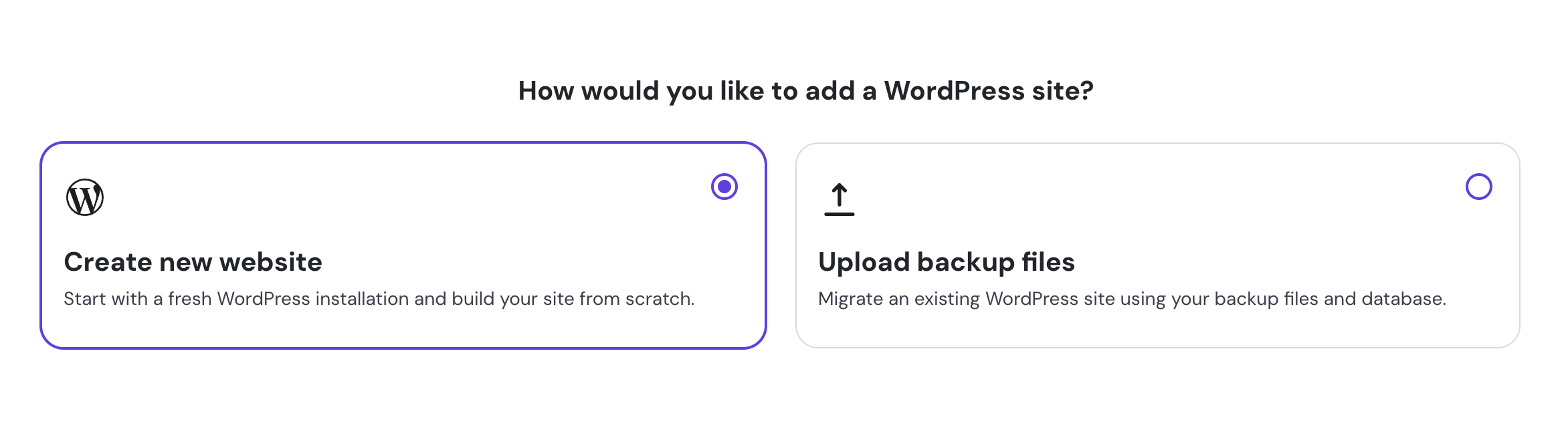 WordPress create new website option selected