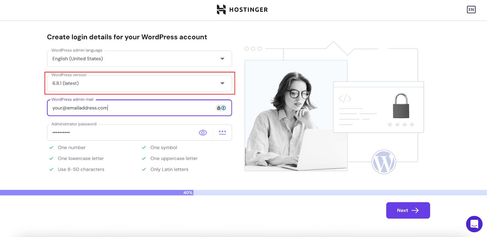 WordPress version dropdown set to 6.8.1 (latest) in login details form