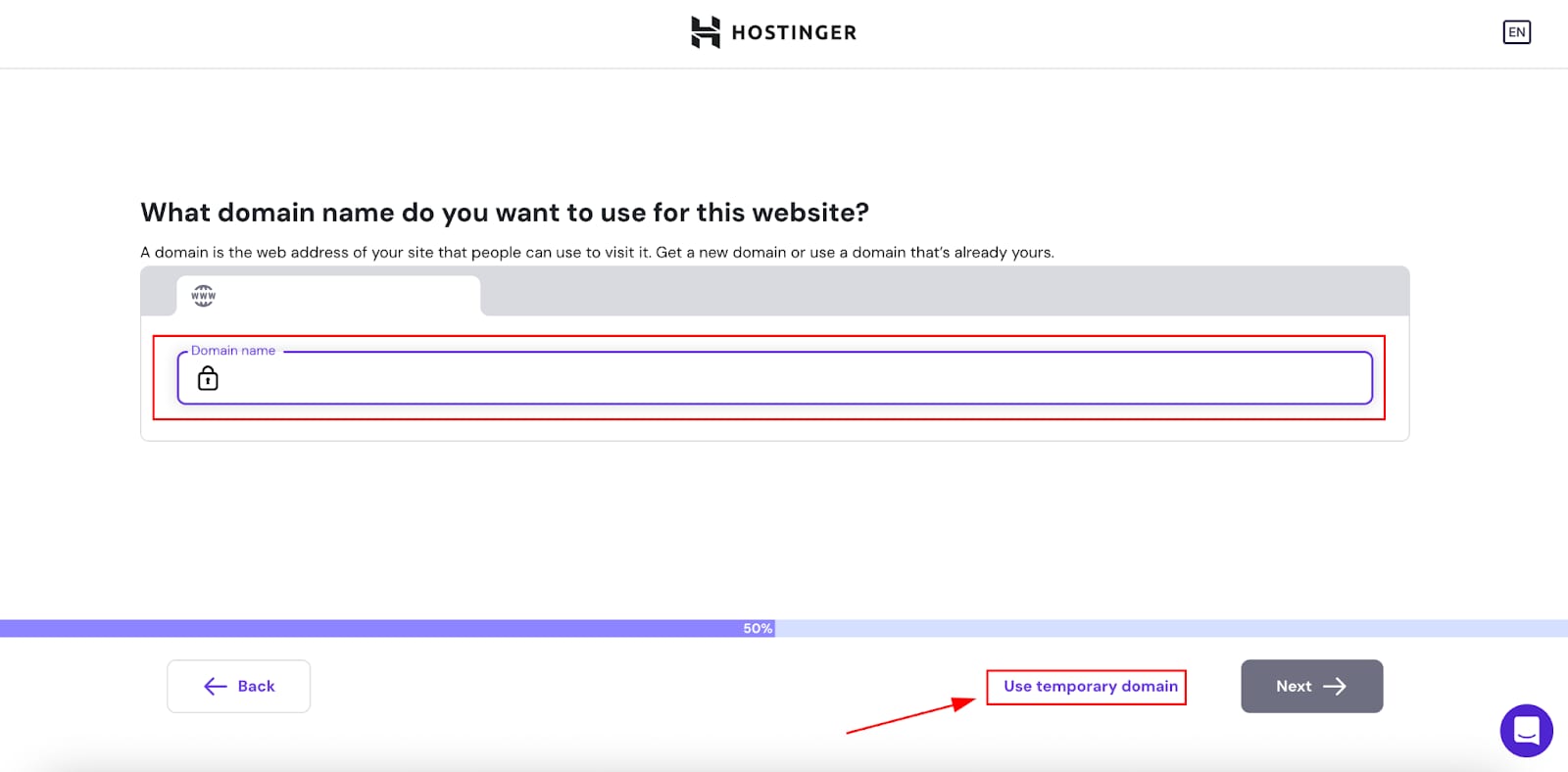 Hostinger website setup with Use temporary domain button highlighted