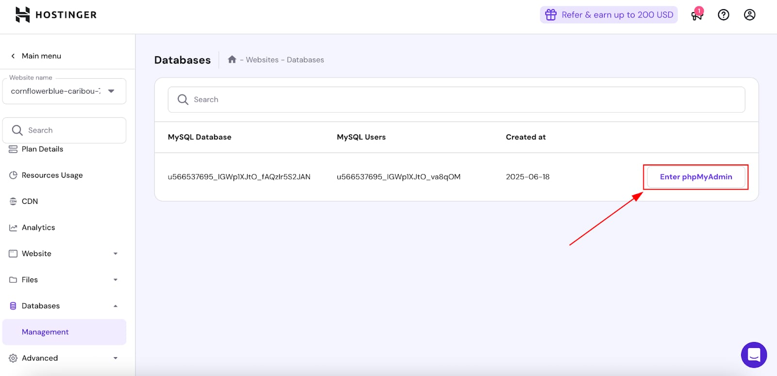 Hostinger Databases page with the Enter phpMyAdmin button highlighted