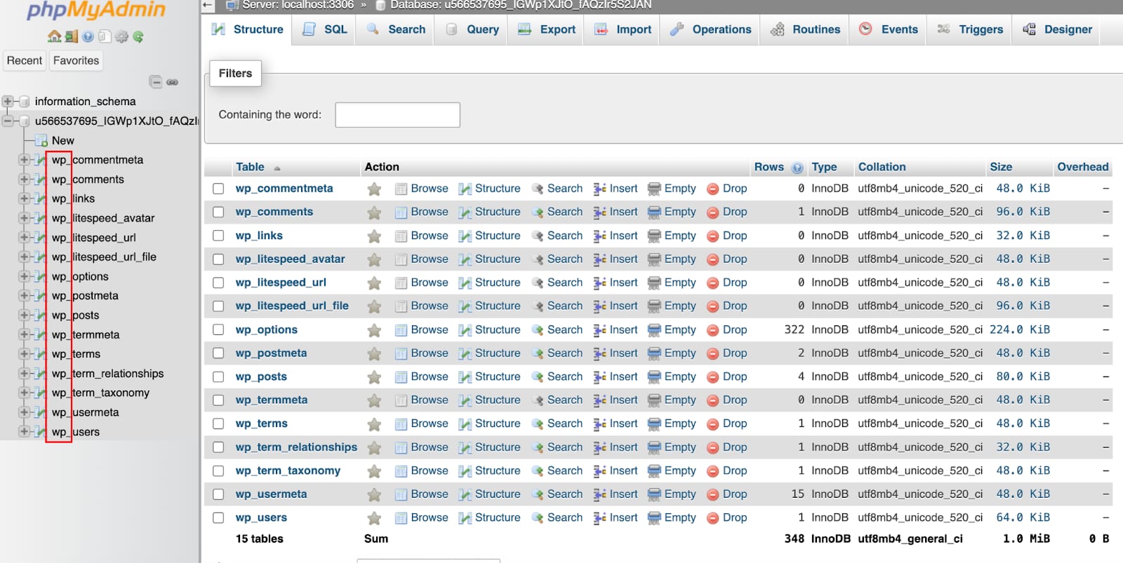 phpMyAdmin database table list with wp_ table prefixes highlighted in the left sidebar