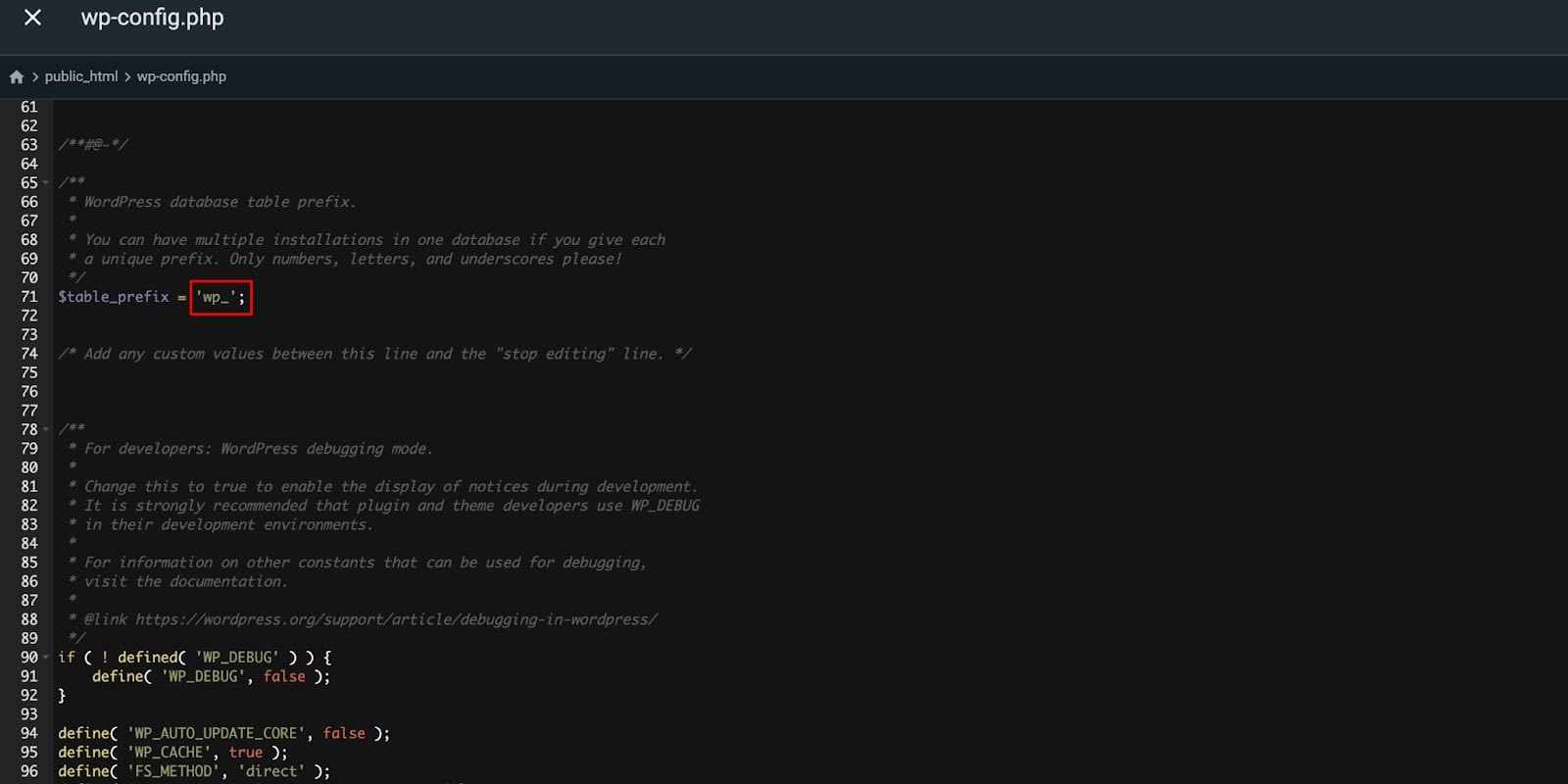 wp-config.php editor with highlighted table prefix wp_