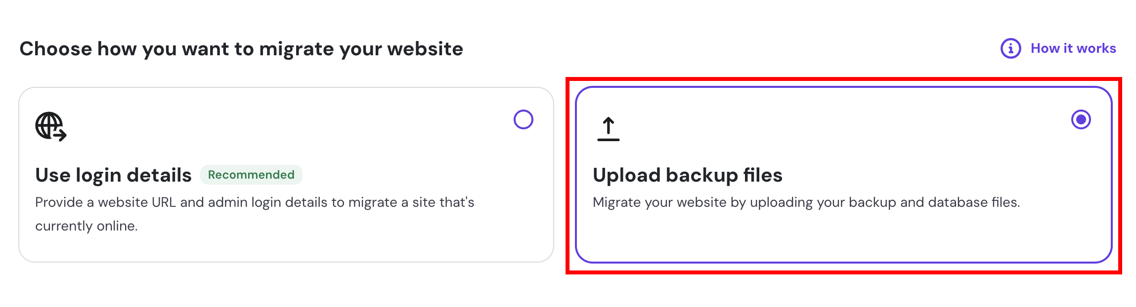 Upload backup files migration option selected