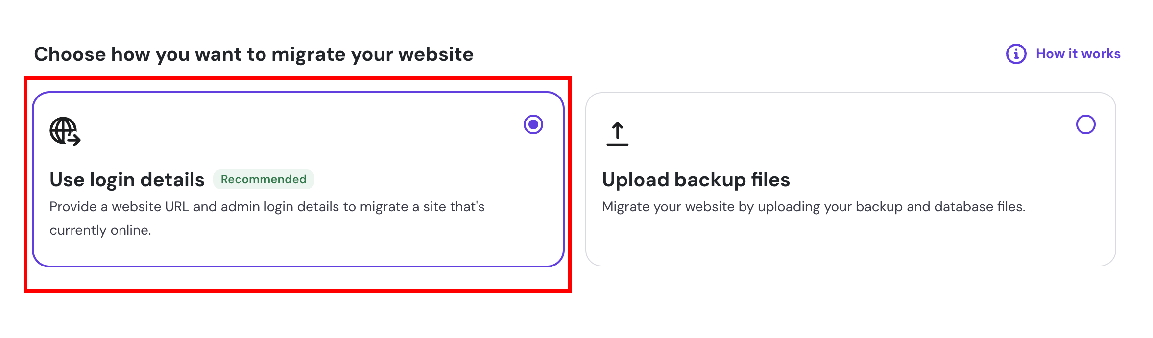 Website migration: Use login details option selected, recommended card