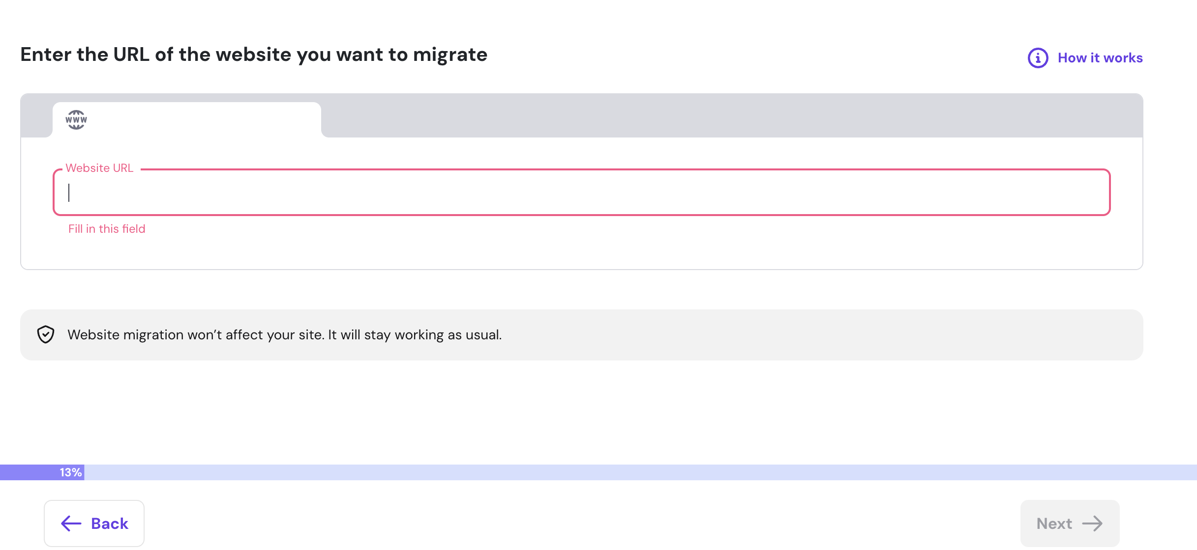 Migration form with Website URL field focused and required, Back button, Next disabled, 13% progress