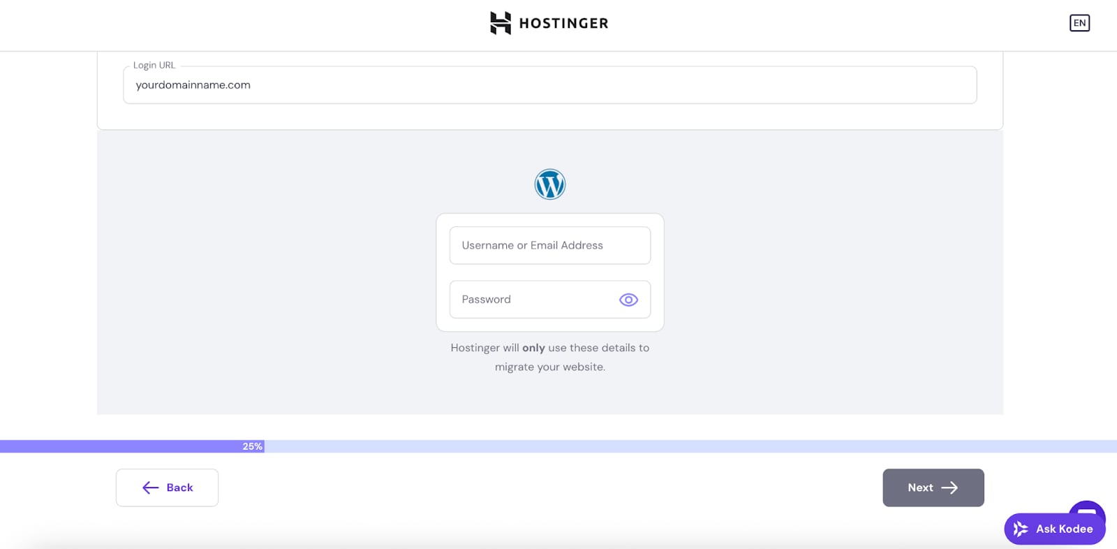 Hostinger WordPress migration form with username and password fields highlighted