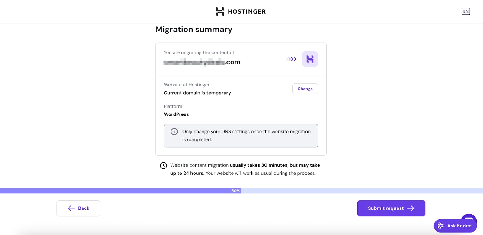Hostinger migration summary for WordPress site with Submit request button and 50% progress bar