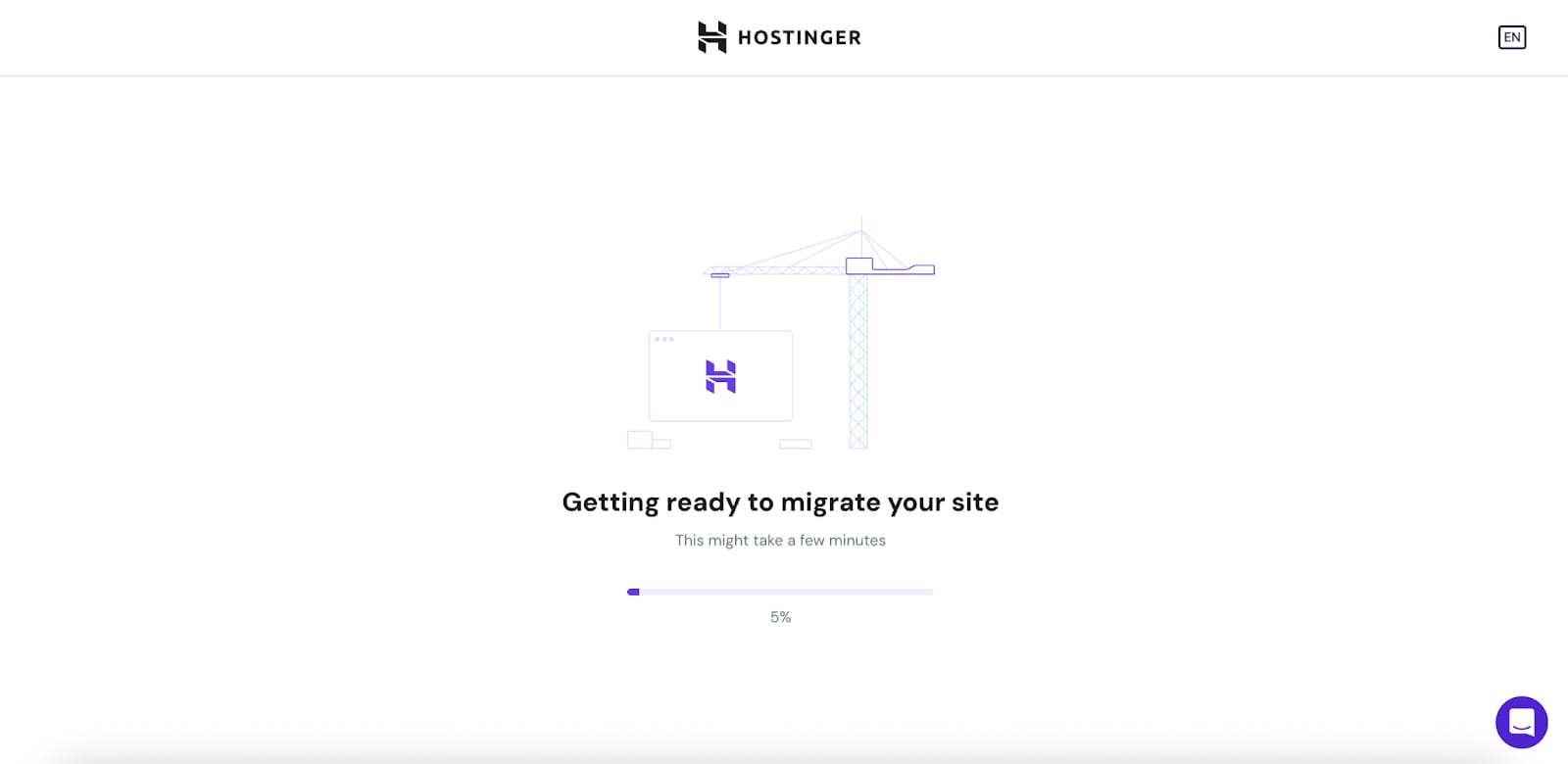 Hostinger migration progress screen with 5% complete and “Getting ready to migrate your site” message
