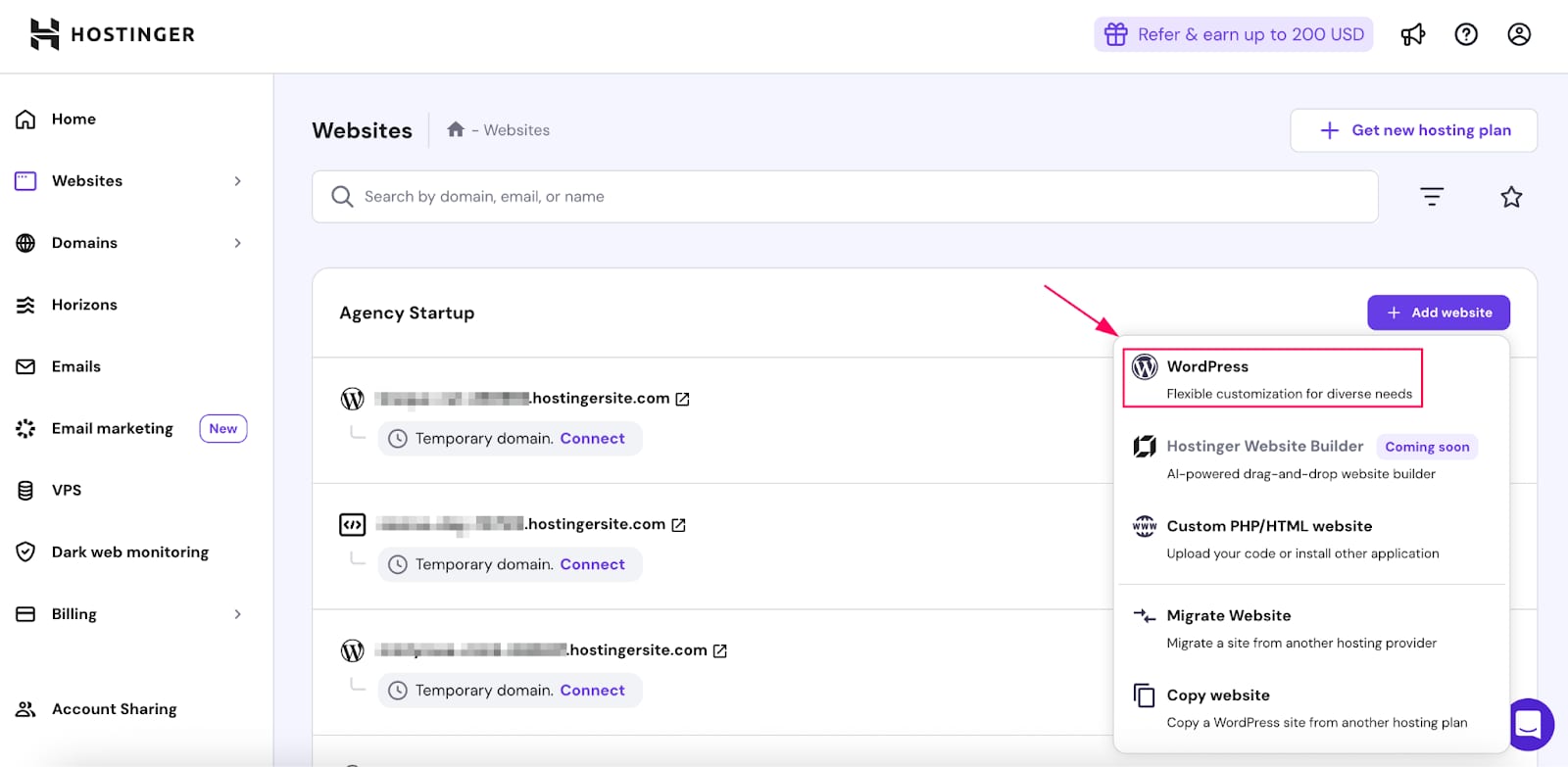 WordPress add website menu with WordPress option highlighted