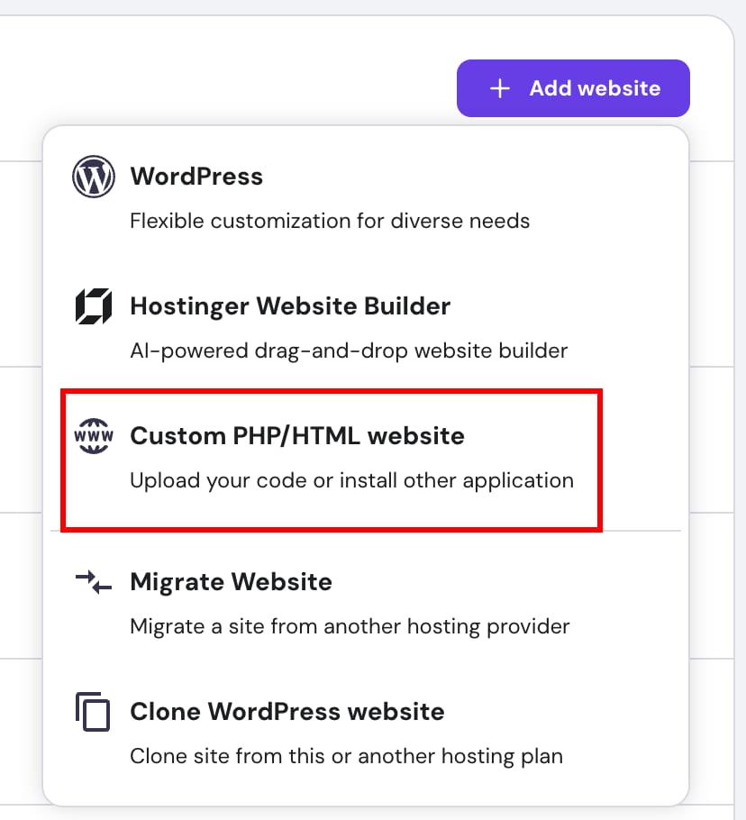 Hostinger add website menu with Custom PHP/HTML website option highlighted