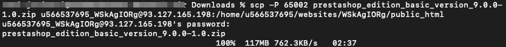 Terminal showing an SCP upload of a PrestaShop backup archive to the server public_html folder
