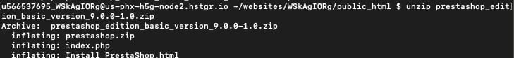 Terminal showing unzip extracting PrestaShop files into the public_html directory