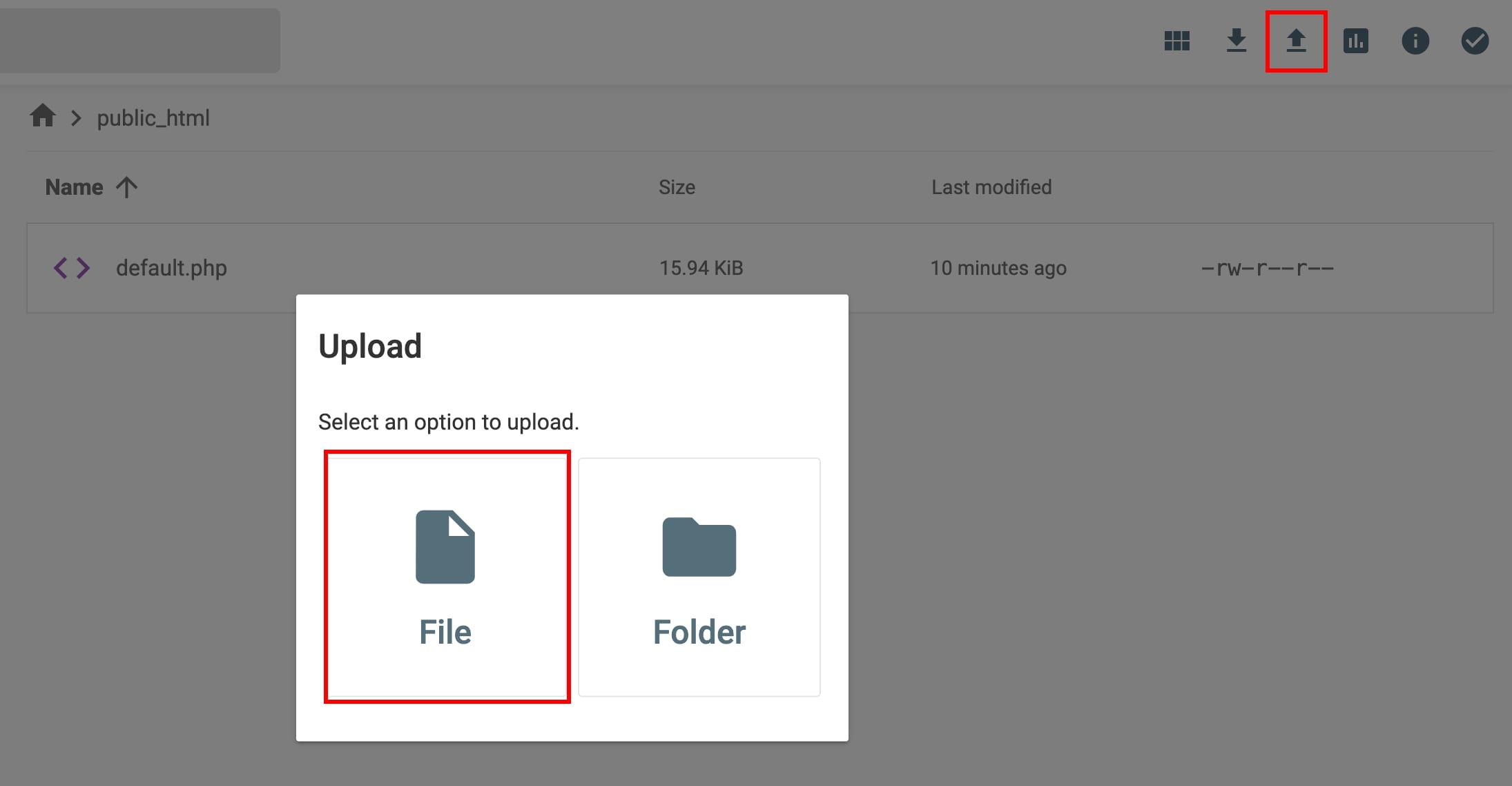 File Manager upload dialog with the File option highlighted