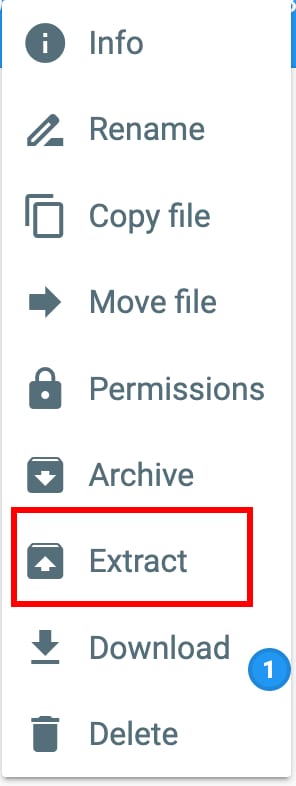 File manager menu with Extract option highlighted