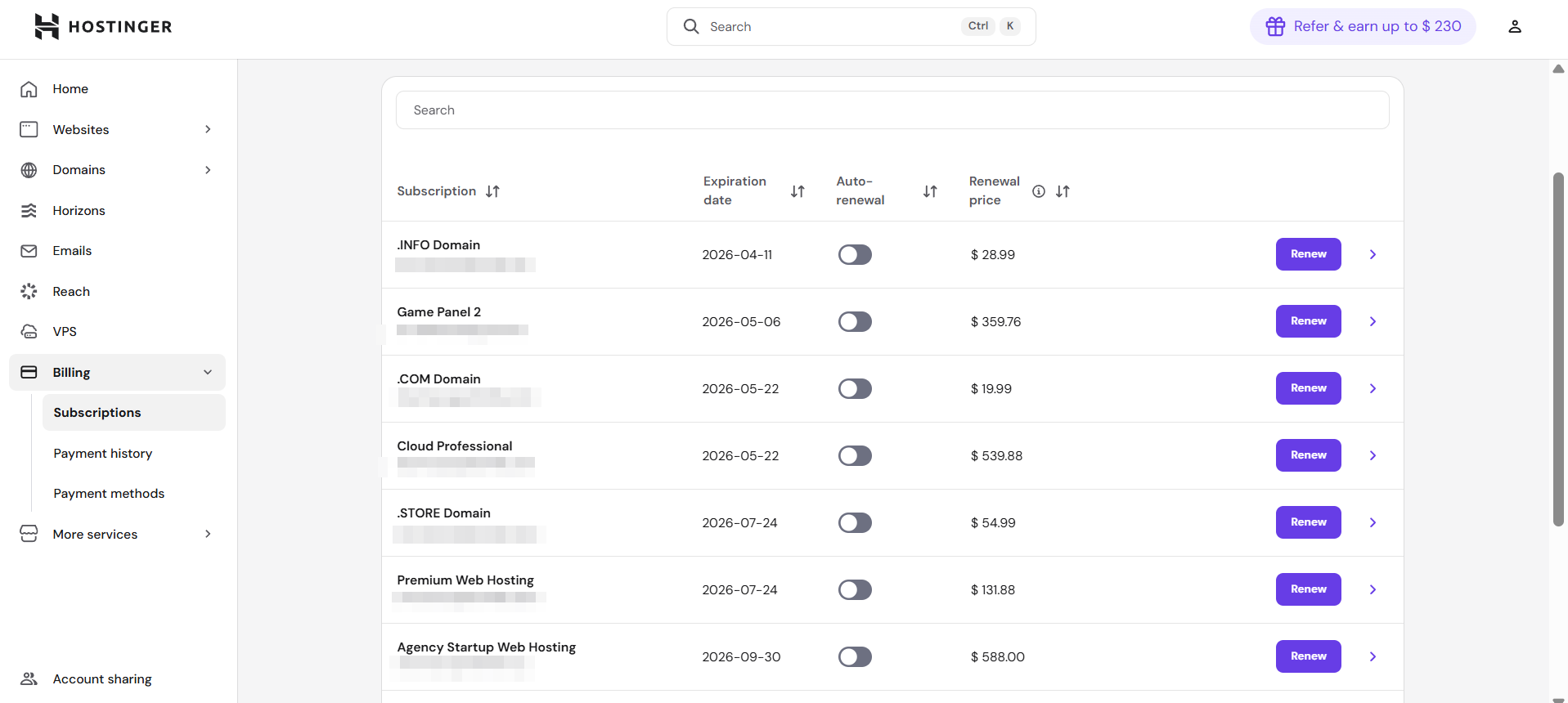 Hostinger Billing subscriptions list with renewal dates, auto-renew toggles, and Renew buttons