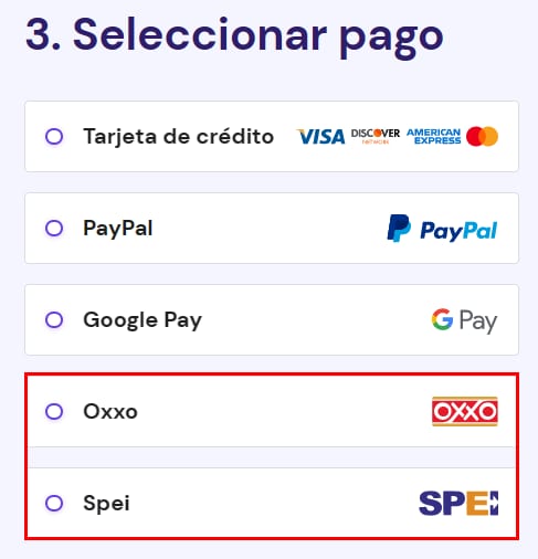 Payment selection screen with OXXO and SPEI options highlighted