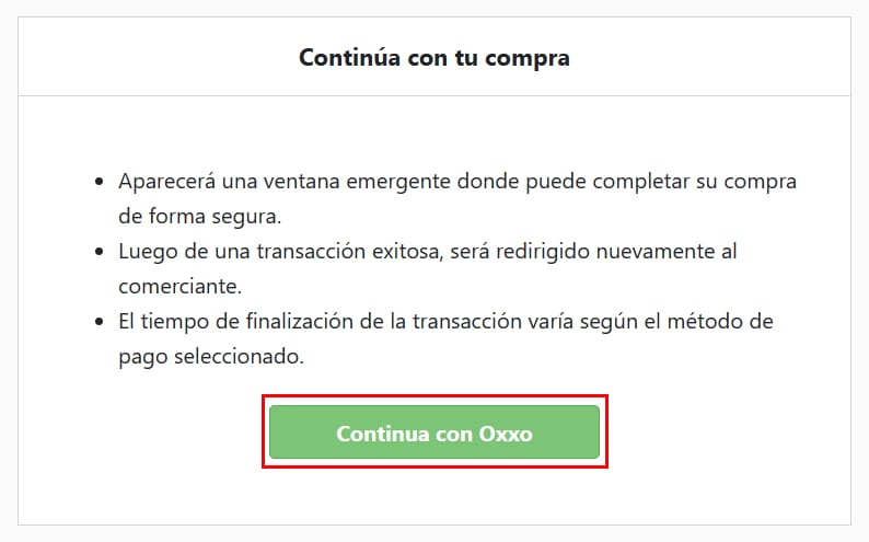 Continue with OXXO button highlighted in checkout popup