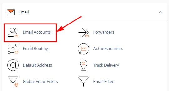 cPanel Email section with Email Accounts highlighted