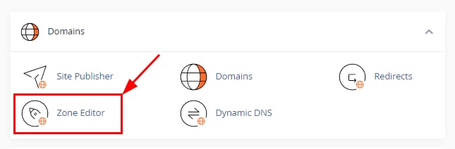 cPanel Domains section with Zone Editor highlighted