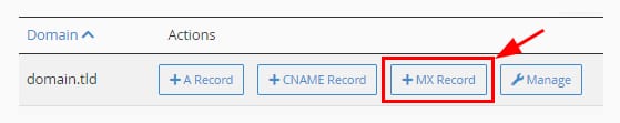 cPanel domain manager with the MX Record button highlighted