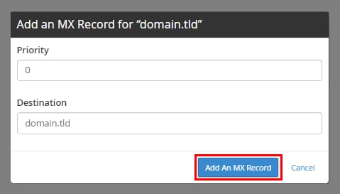 Hostinger cPanel MX record popup with the Add An MX Record button highlighted