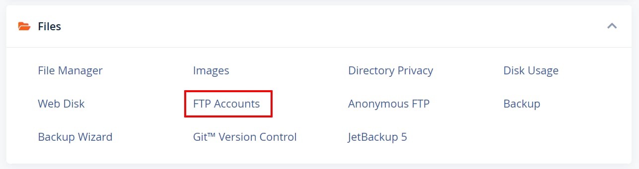 cPanel Files section with FTP Accounts option highlighted