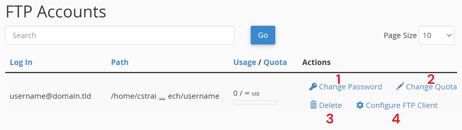 cPanel FTP Accounts table with Configure FTP Client action highlighted in the row