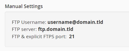 Hostinger cPanel manual settings showing FTP username, server, and port 21