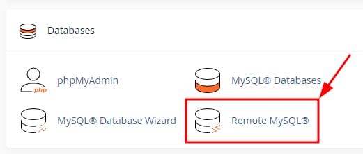 cPanel Databases section with Remote MySQL option highlighted