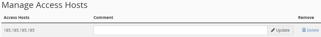 cPanel Manage Access Hosts table with an IP address entry and Update and Delete buttons