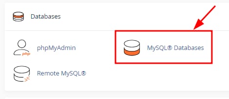 cPanel Databases section with MySQL Databases tile highlighted