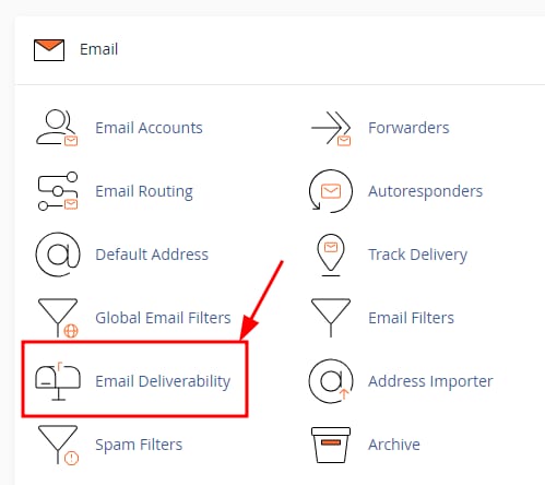 cPanel Email menu with Email Deliverability highlighted