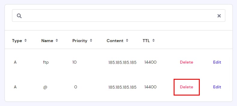 DNS records table with the Delete action highlighted for the @ A record