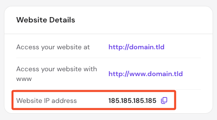 Hostinger Website Details showing highlighted website IP address 185.185.185.185