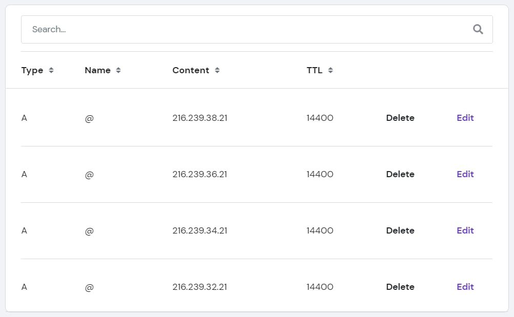 Hostinger DNS records list showing Google Sites A records for @ with Edit options