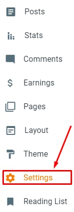 Blogger menu with Settings highlighted