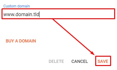 Custom domain field with Save button highlighted in the Blogger settings popup