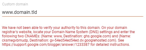 Blogger custom domain error message about DNS verification and CNAME records