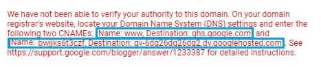 Google DNS record settings warning with highlighted CNAME name and destination values to verify domain authority