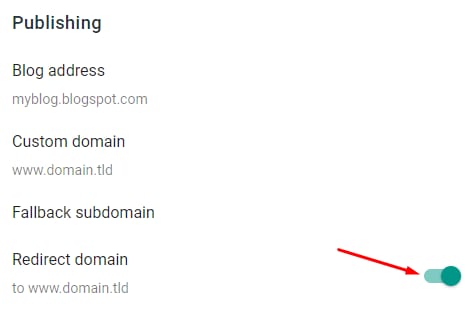 Blogger publishing settings with the redirect domain toggle enabled