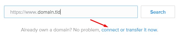 Hostinger domain search bar with the “connect or transfer it now” link highlighted