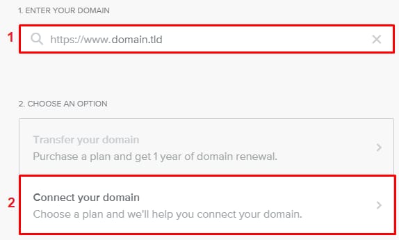 Hostinger domain setup screen with the Connect your domain option highlighted